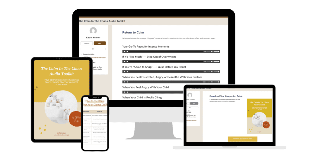 Mockup of a desktop screen showing an email, next to printable journal pages and a workbook