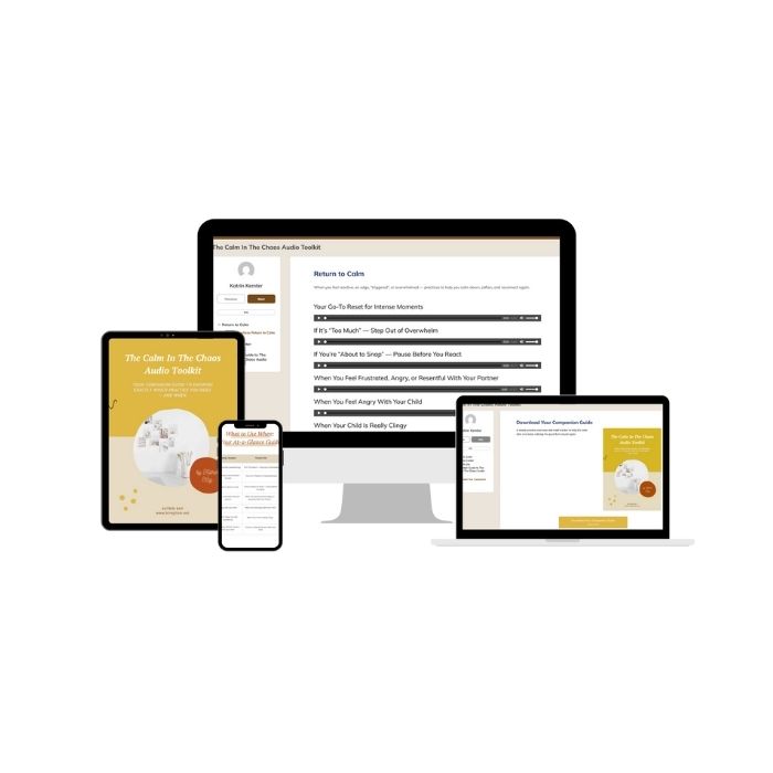 Mockup of a desktop screen showing an email, next to printable journal pages and a workbook