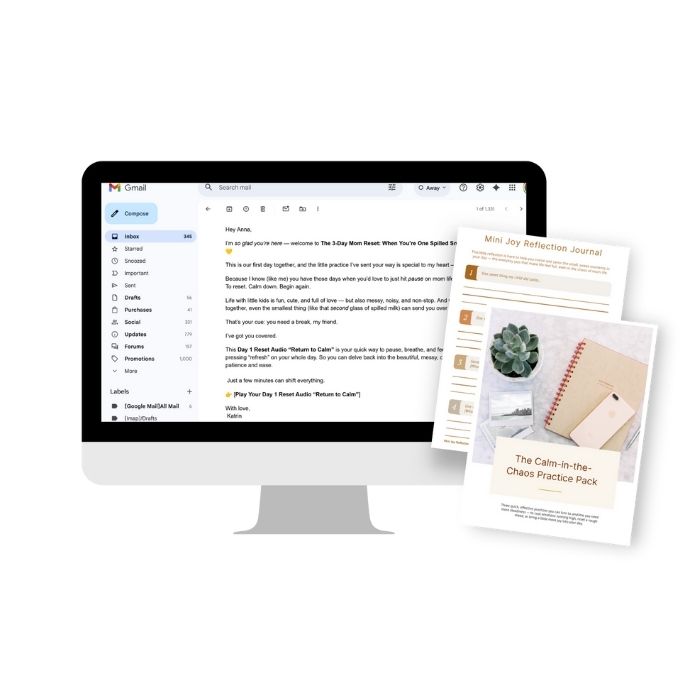 Desktop computer displaying an email, next to a printable journal and workbook mockup