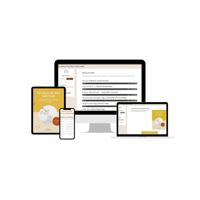 Mockup of a desktop screen showing an email, next to printable journal pages and a workbook