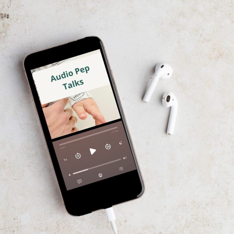 Smartphone displaying an audio pep talk with playback controls, next to wireless earbuds