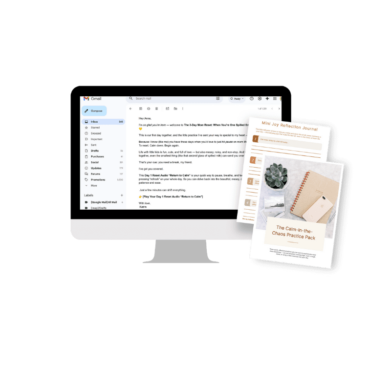 Mockup of a desktop screen showing an email, next to printable journal pages and a workbook